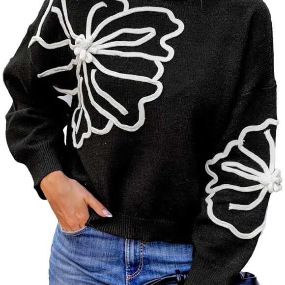Chic Black Sweater with White Floral Design small - Picture 2 of 7